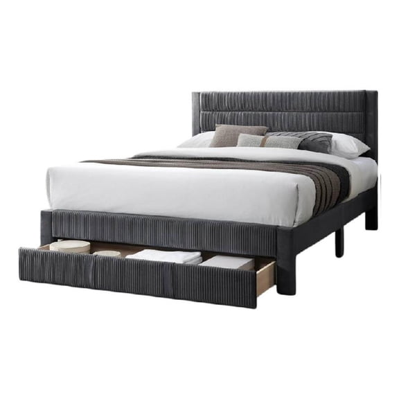 Heo Queen Size Bed w Storage Drawer- Dark Gray Corduroy Upholstery