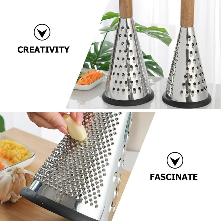 Cone Cheese Grater with Handle - Stainless Steel Triple Function Wood Handle Parmesan Shaver Non-Slip Rubber Bottom Hand Held Multifunction Vegetables