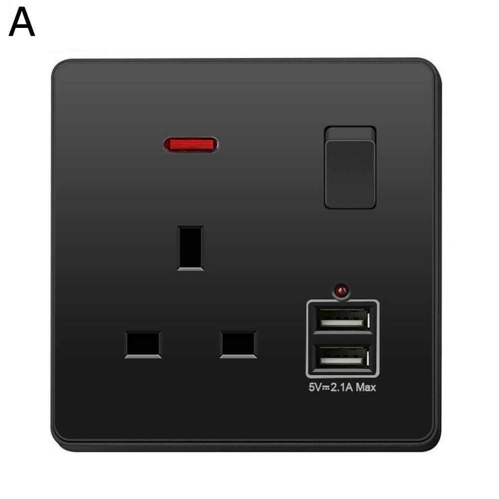 Double Wall UK Plug Socket 2 USB Charger Port Dual Gang 13A Outlet Plate Chrome 