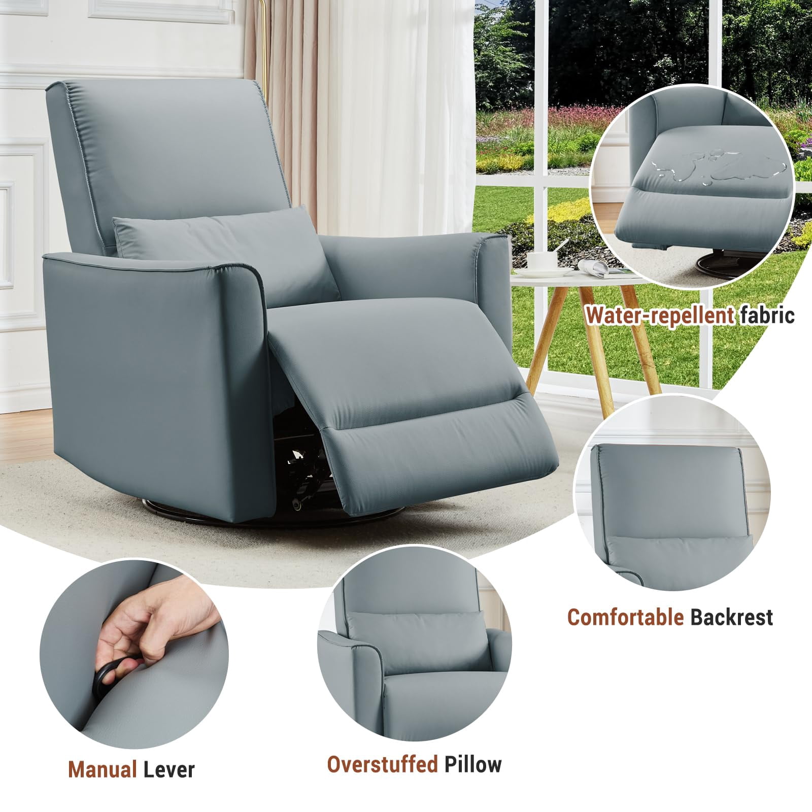 Swivel Rocking Recliner Chair, 360° Leather Recliner with Adjustable Backrest Rocker Recliner Glider Deep Seat PU Leather Sofa Chair with high Backrest for Living Room, Bedroom,Nursery
