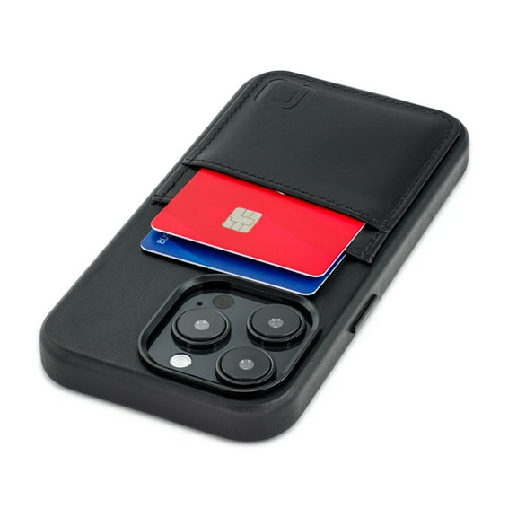 Dockem Genuine Leather Card Case For iPhone 15 Pro with Built-in Metal Plate for Magnetic Mounting, Stitched-on Wallet with 2 Credit Card Holders (Black, M2GL)