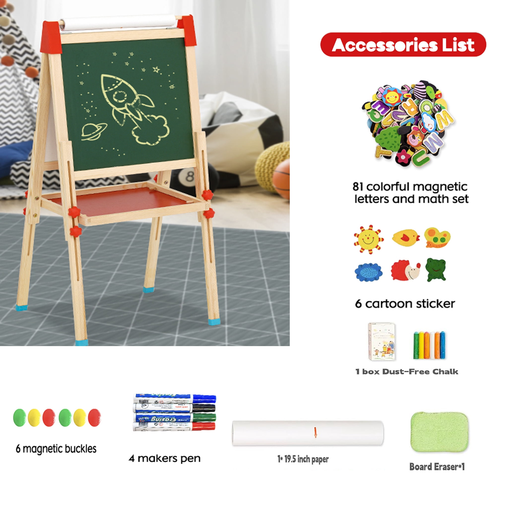 Ealing Kids Easel with Paper Roll,Double-Sided Adjustable Wooden Standing Easel for Toddler Ages 3+Boys, Girls