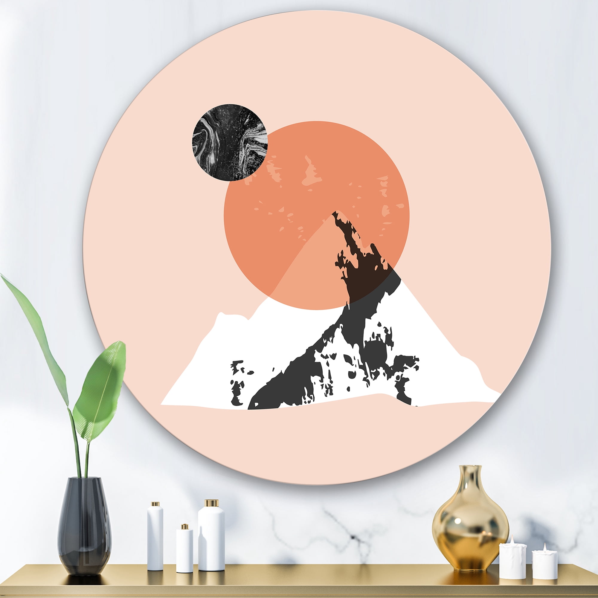 Designart 'Modern Minimalist Mountain Moon and Sun' Modern Circle Metal Wall Art 29x29 - Disc of 29