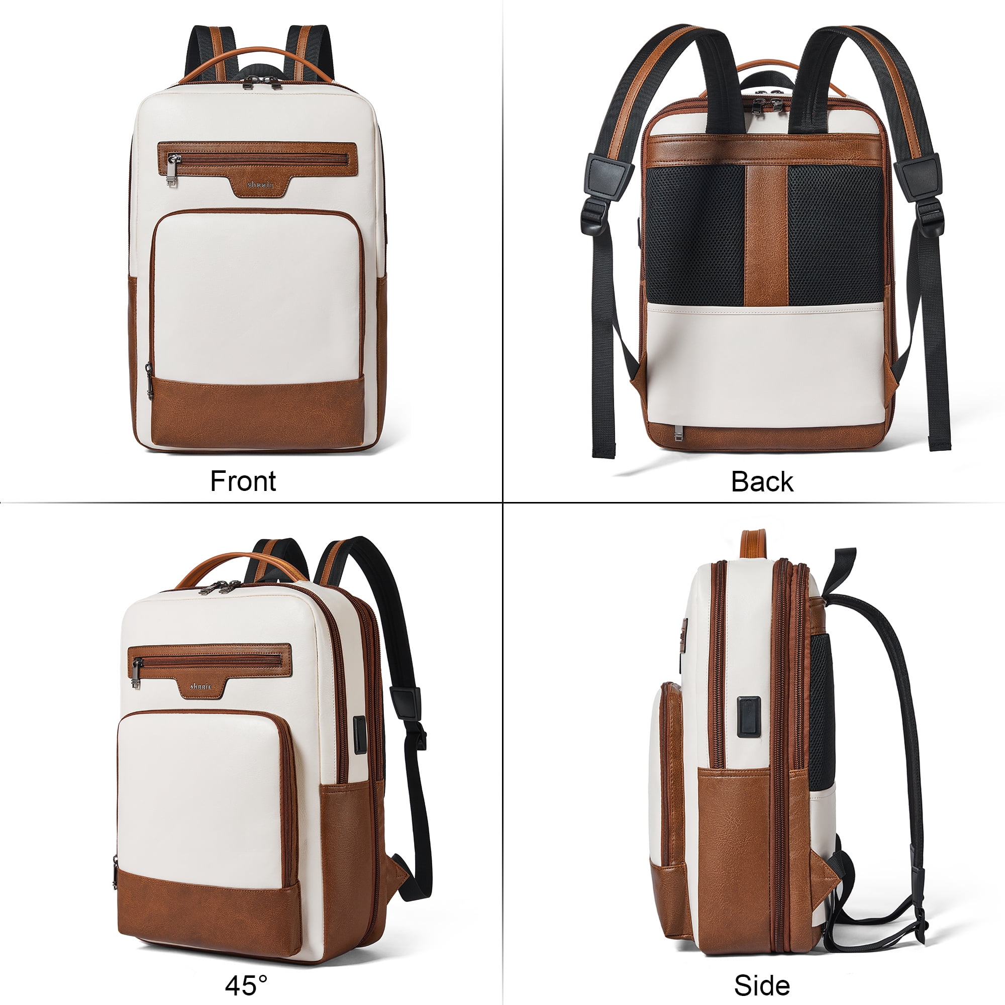 Shrrie Leather Laptop Backpack for Women and Men,28 L Travel Backpack Computer Bag Fits 16 inch Laptop,Expandable Casual Daypack with USB Charging Port for Work Business Weekender College