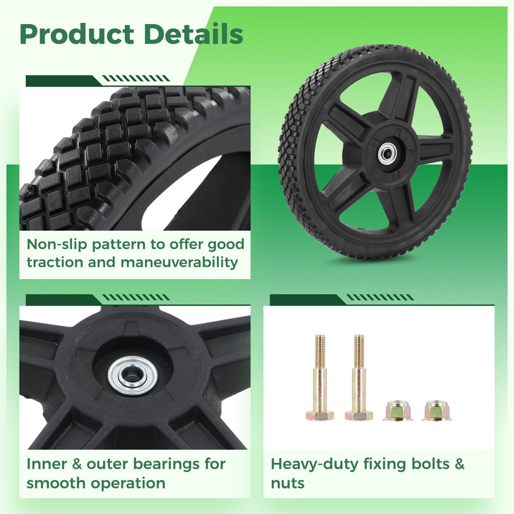 2 Packs 12 Inch Lawn Mower Wheels, Heavy-Duty PVC Mower Replacement Wheels with Double Bearings, Universal Push Lawn Mower Tires with 1/2-Inch Spoke Hole
