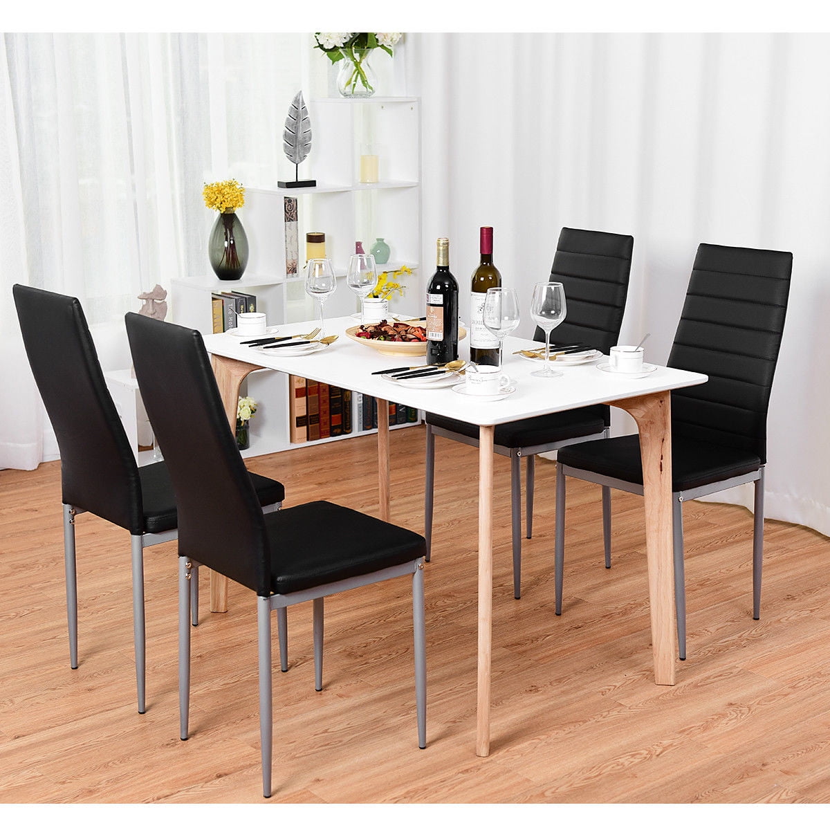 Costway Set of 4 PU Leather Dining Side Chairs Elegant Design Home Furniture Black Contemporary