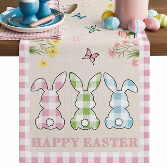Easter Buffalo Table Runner, Check Plaid Rabbits Retro Texture Cotton Linen Kitchen Table Decoration Washable Dining Tabletop Runners for Home Party Decor 13x36 Inches