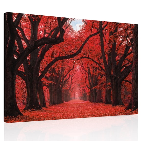 Fall Forest Canvas Print Wall Art, Country Rustic Red Black Tree Leaf Path Landscape Wall Decor Framed Artwork Paintings Pictures for Living Room Bedroom Stretched Ready to Hang, 20" x 24"