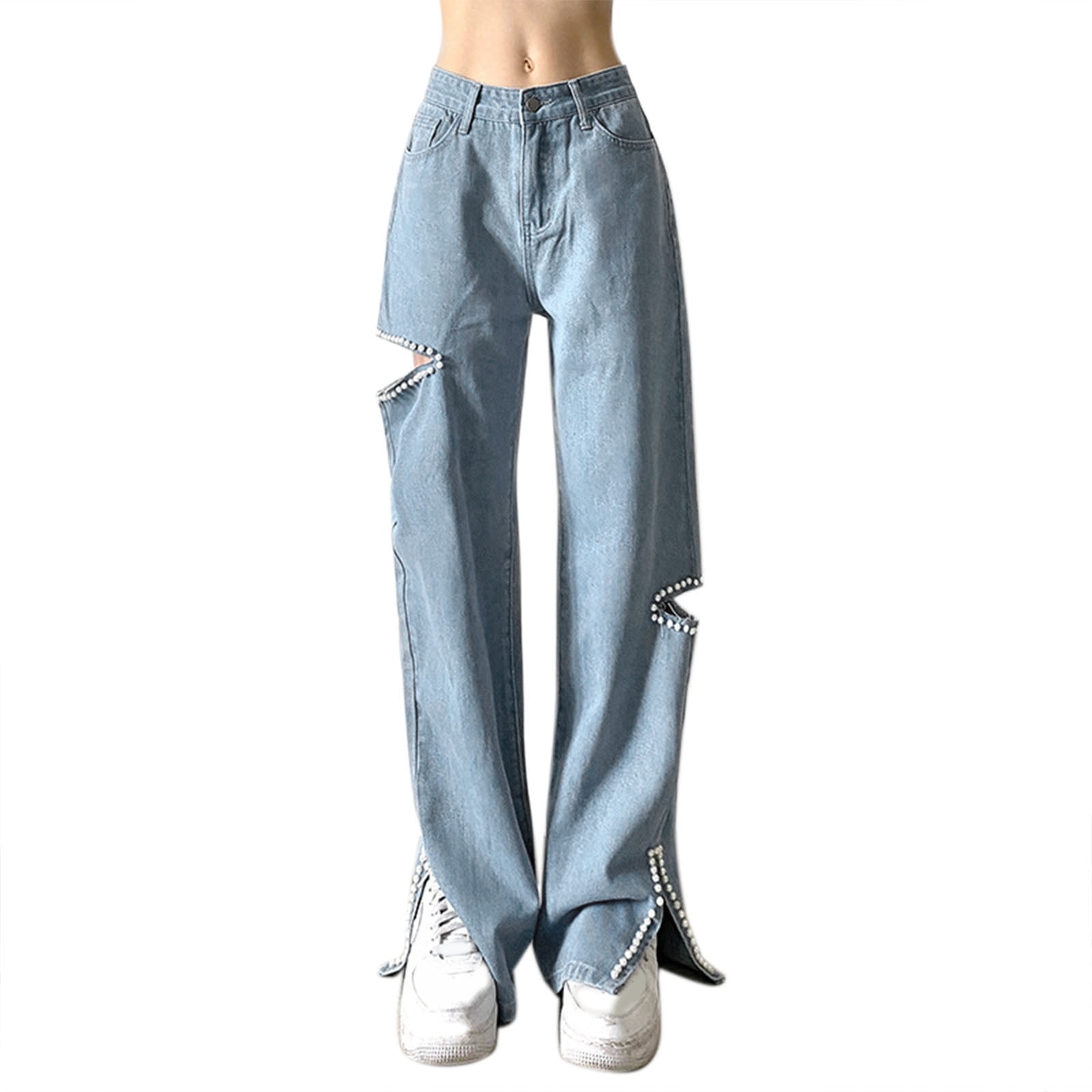 vbnergoie Women High Waist Loose Pocket Blue Solid Color Print Jeans Pants  Pant Stretchers for Jeans for Women Juniors Straight Leg Jeans 