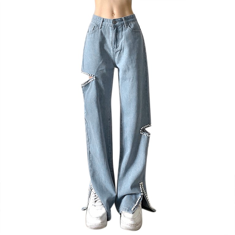 Women High Waisted Jeans Pearl Baggy Denim Pants Loose Casual Pants Trousers  Streetwear Ripped Jeans Blue M 