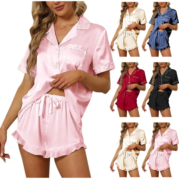 Endives Silk Pajama Set For Women 2 Piece Pajamas Set Button Down Shirt and Shorts Summer Satin Pajamas Comfy Two Piece Lounge Sets Home Clothes White M