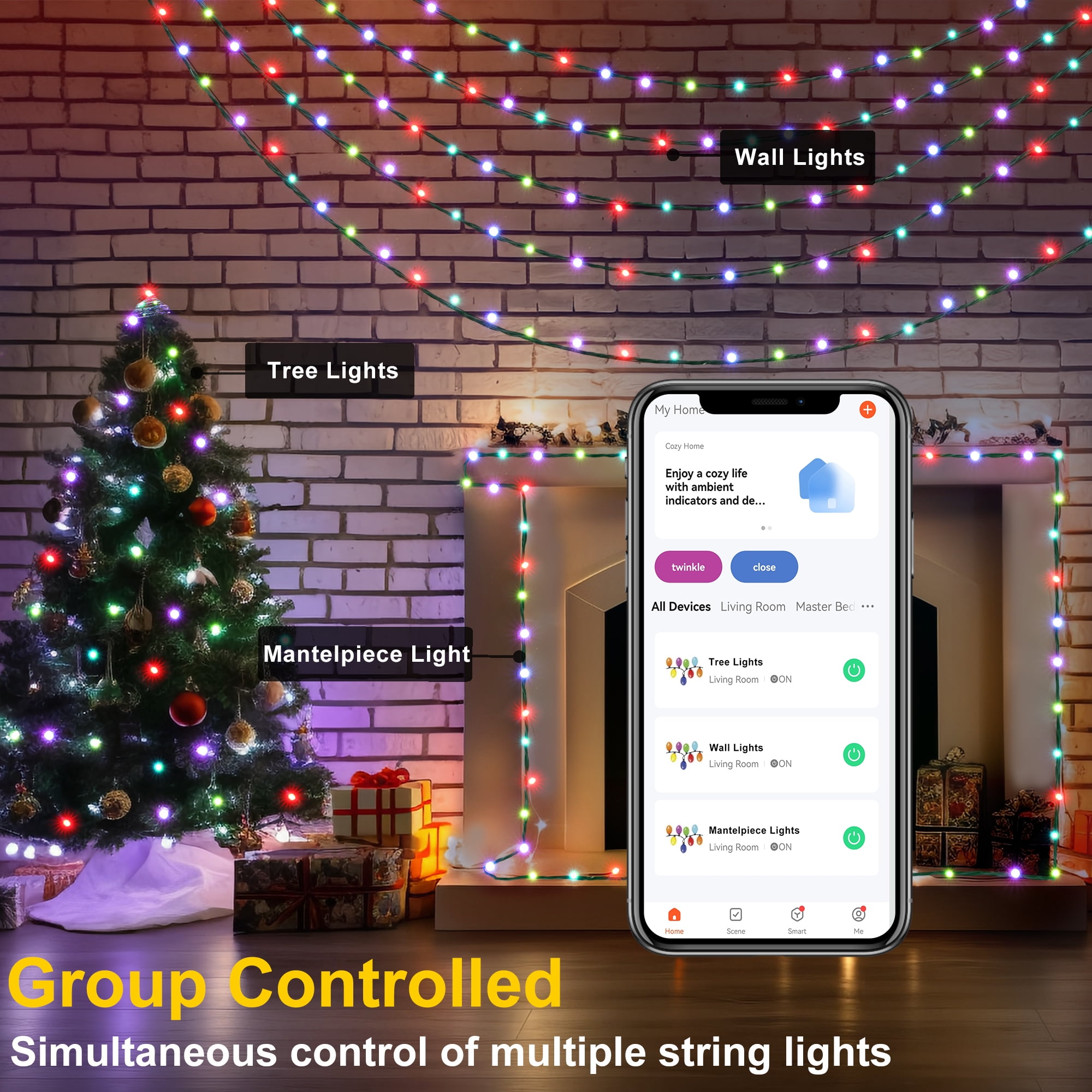 Smart Christmas Lights - 75FT 200 RGB LED String Lights Color Changing by App,Works with Google Home,Music Sync,Timer,Dimmable for Xmas Tree Home Party