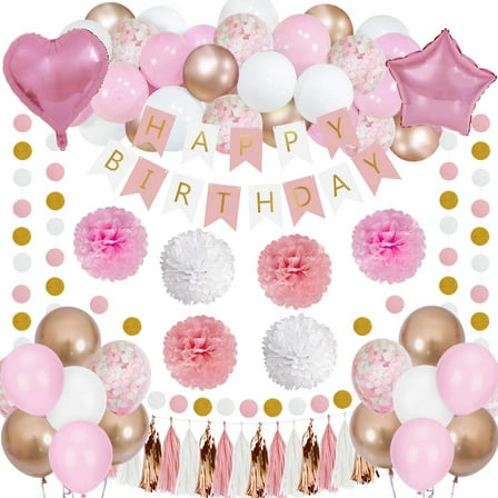 Pink Birthday Party Decorations for Women Men with White and Gold Balloons Pom Poms Happy Birthday Banner for Bachelorette Wedding Backdrop