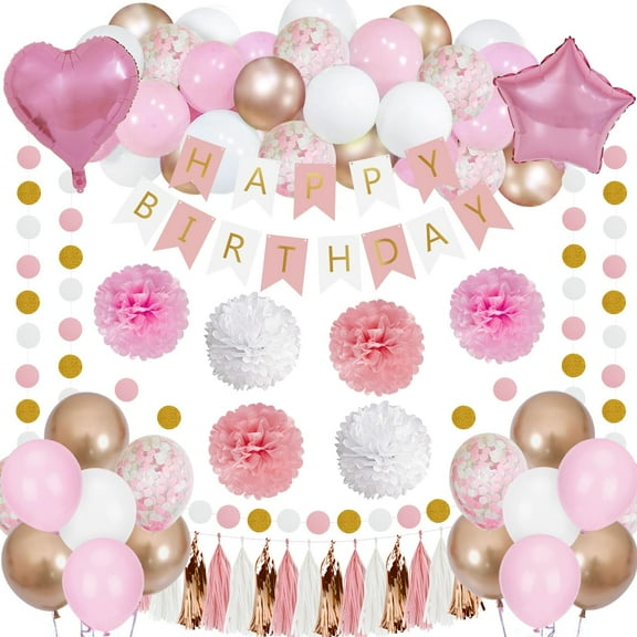 Pink Birthday Party Decorations for Women Men with White and Gold Balloons Pom Poms Happy Birthday Banner for Bachelorette Wedding Backdrop