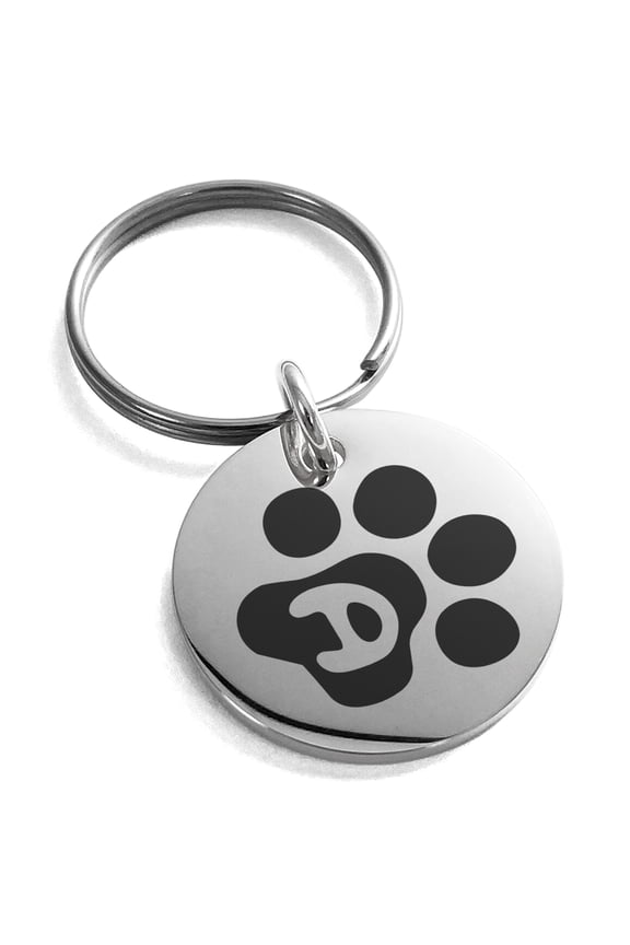 Stainless Steel Letter D Initial Cat Dog Paws Monogram Engraved Small Medallion Circle Charm Keychain Keyring