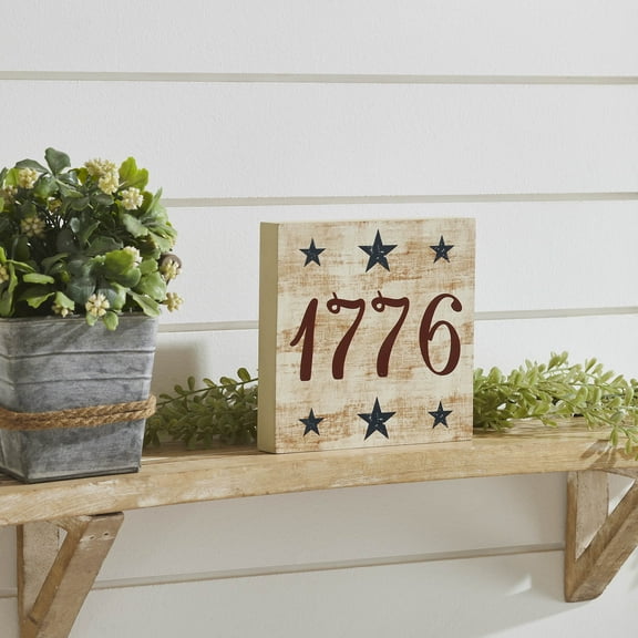 VHC Brands Patriotic My Country 1776 w/Blue Stars MDF Block Sign 6x6x1, Independence Day Decor, Decorative Sign, Rustic Farmhouse Fourth of July Decorations, Light Tan, Patriot Blue, Deep Red