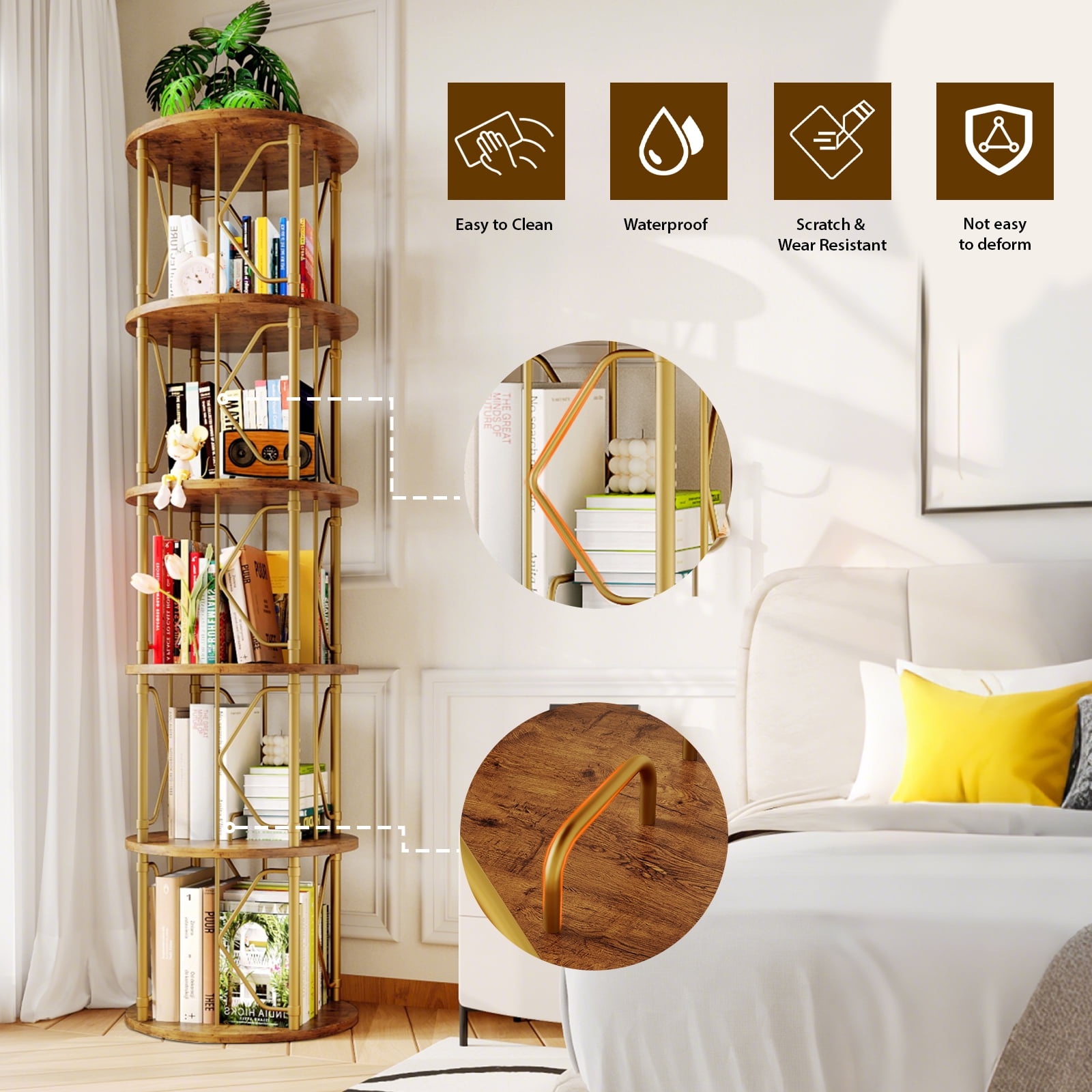 LLappuil 5 Tier Rotating Bookshelf, 360° Display Swivel Bookcase, Corner Bookshelf for for Bedroom, Living Room Gold