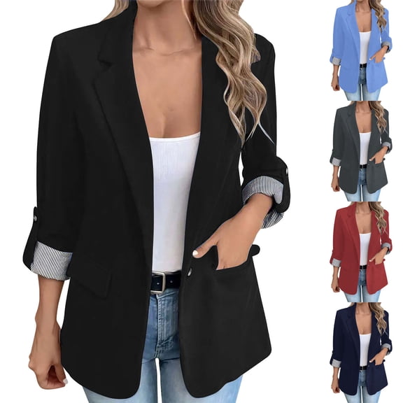HomeDM Womens Work Office Blazers, Open Front One Button Long Sleeve Lapel Jackets Suit Blazer with Pockets, Black