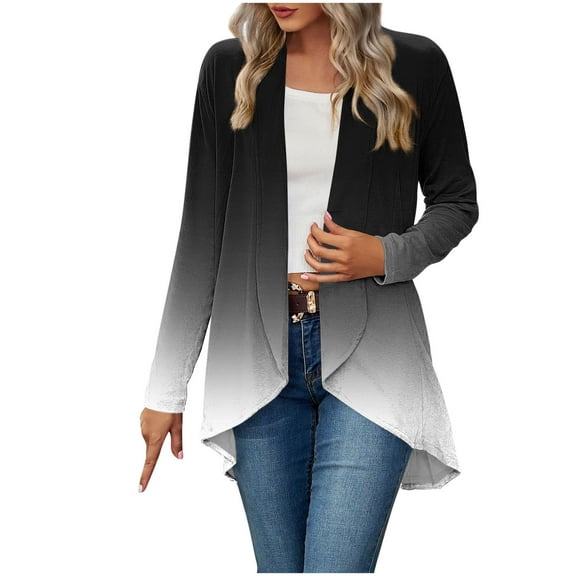 Scyoekwg Thin Cardigans for Women Lightweight Long Sleeve Gradient Open Front Coats Fall Fashion Casual Plus Size Cardigan (Black,L)