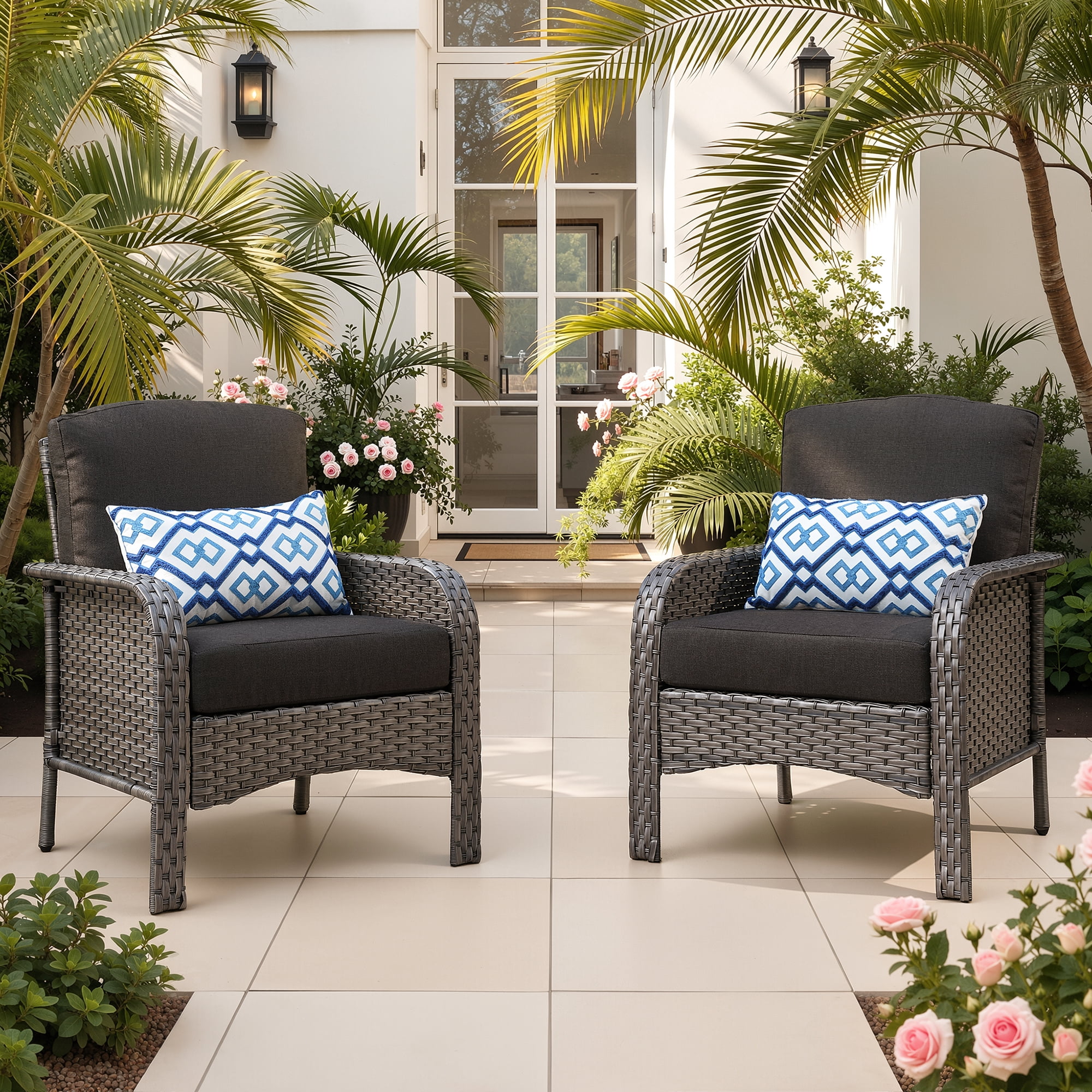 Ovios Patio Chairs Set of 2 All-Weather Wicker Patio Furniture Chairs Set Rattan High-Back Outdoor Armchairs with Cushions, Black