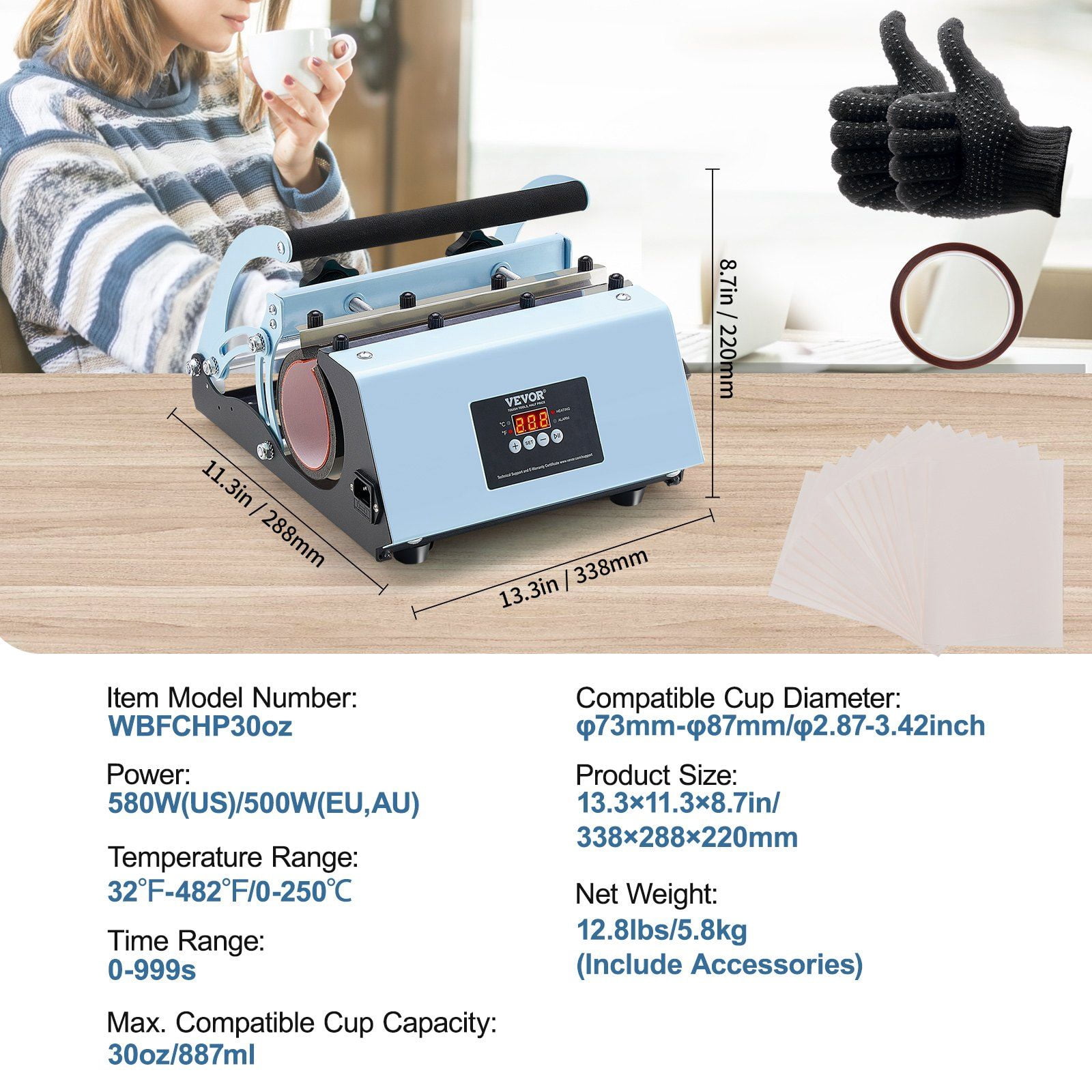Tumbler Heat Press Machine for 11-30oz Mugs - Sublimation Mug Press for Tumblers & Cups, Blue (Ideal for DIY Custom Designs)