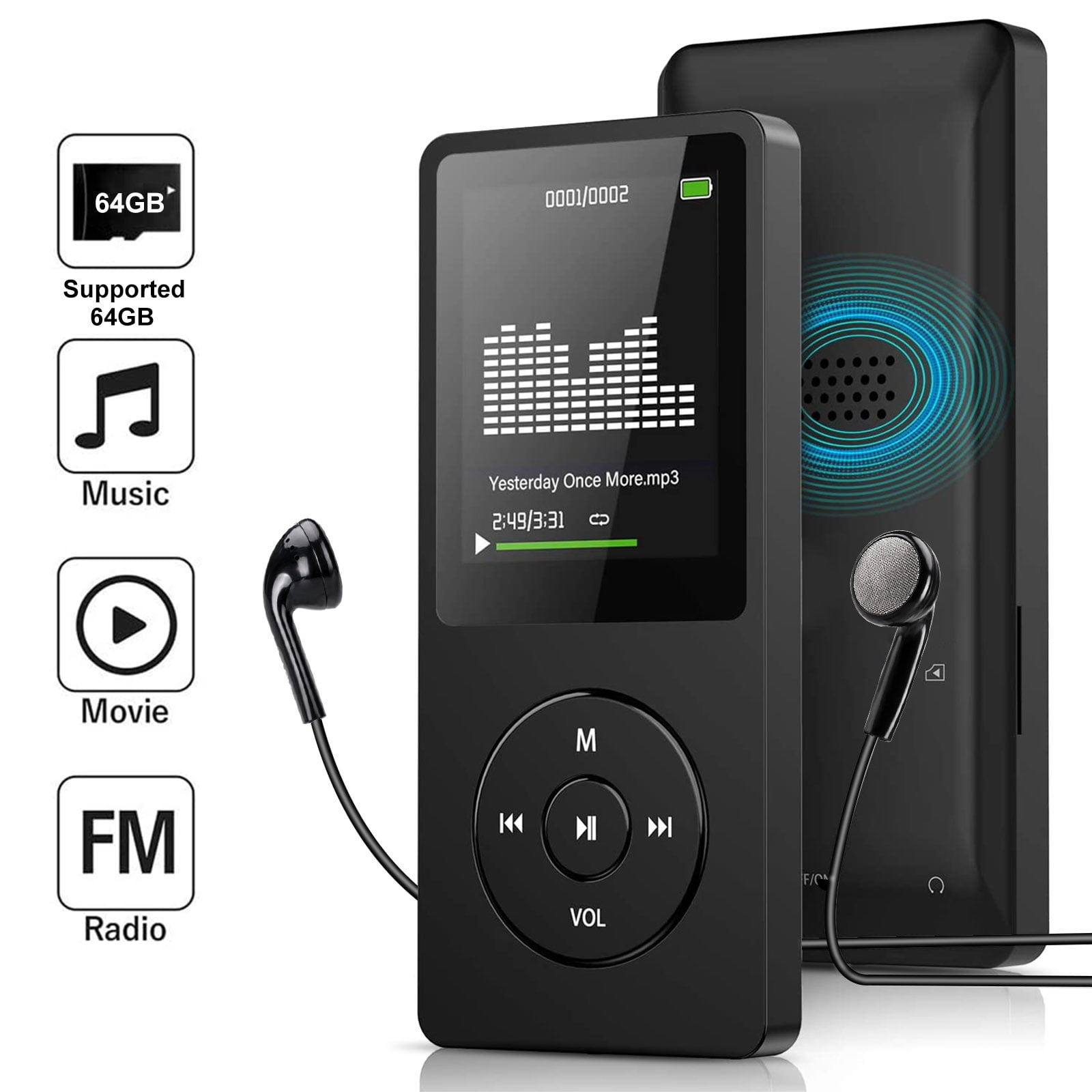 MP3 Player, Portable 64GB SD Card Support MP3 Player with HiFi Lossless ...