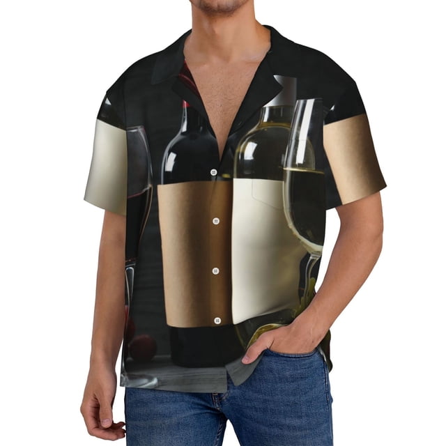Fotbe Two Bottles Of Red And White Wine Camisa Estampada de Manga Corta para Hombre, Casual de Verano, Estilo Playero, Sin Arrugas-Large