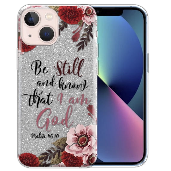 WIRESTER Clear/Silver Glitter Case, Sparkle Bling TPU Cover for Apple iPhone 13 6.1" 2021, Quotation Christian Quotes Psalm 46:10