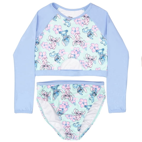 Disney Lilo & Stitch Girls 2-Piece Swimsuit Set, Long-Sleeved Rash Guard and Bikini Bottoms with Stitch and Angel Graphic Design, Quick-Drying Swimwear for Kids (Size 4-16)