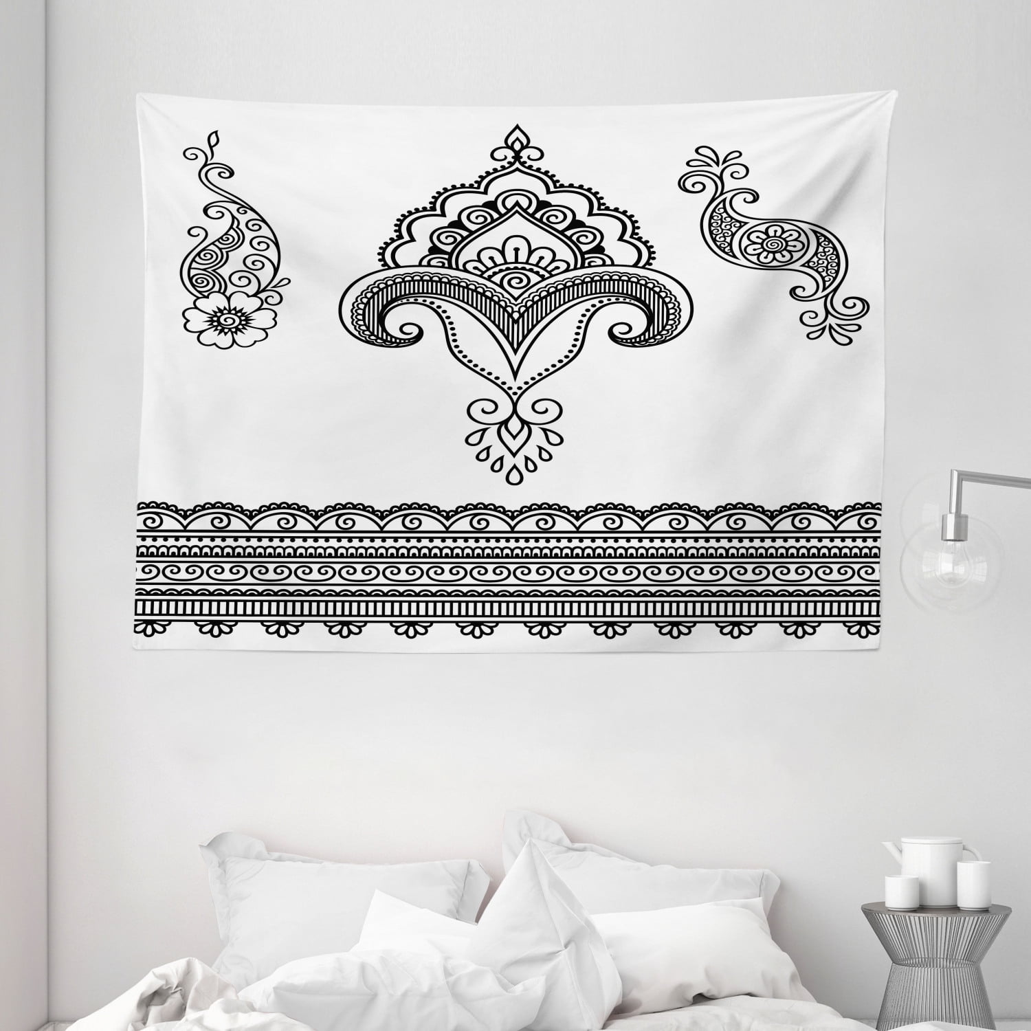 Henna Tapestry, Black And White Eastern Motifs Monochrome Ornamental