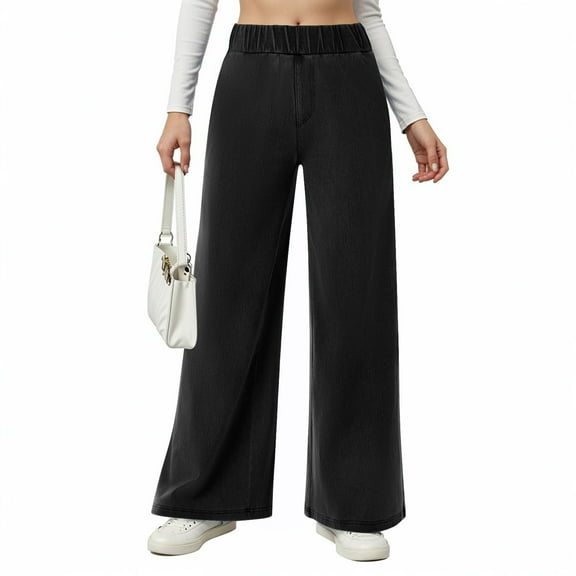 WTOBBY Women's Wide Leg Stretch Jeans, Mid Rise Elastic Waist Baggy Denim Pants with Pockets for a Casual Trendy Look, Comfortable Loose Fit Trousers,Black L