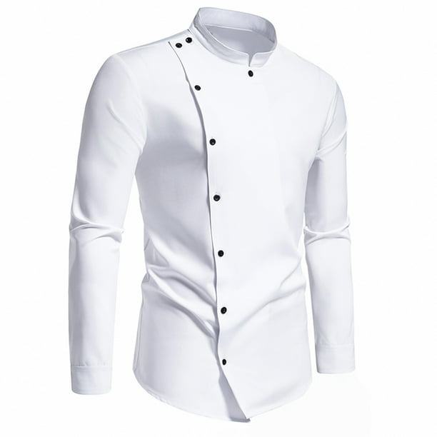 Blusa y camisa de manga larga con cuello alto para hombre, informal, lisa, con botones, de poliéster