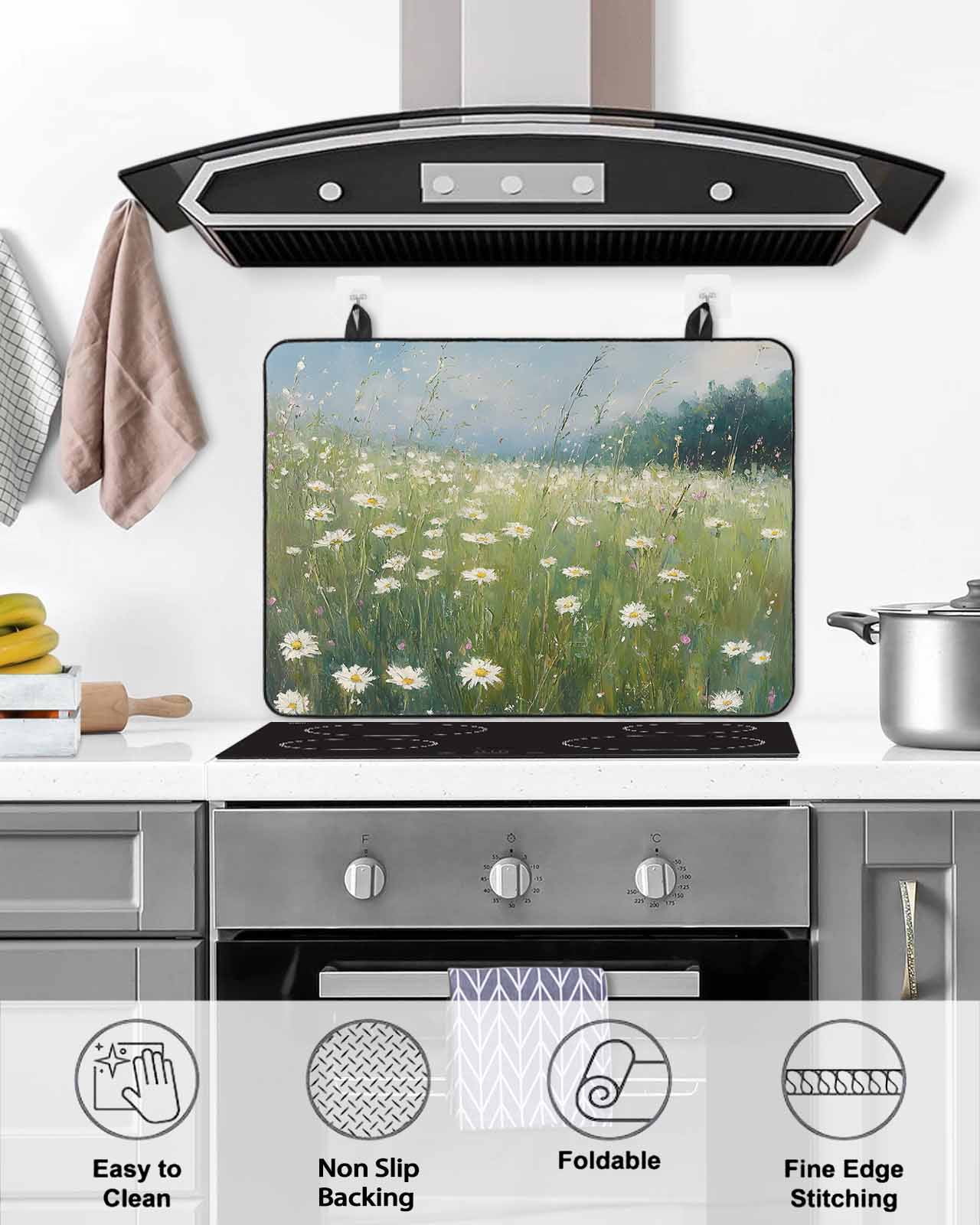 nqOlkjepod Large Induction Cooktop Protector Mat 28.5"x20.5", Spring Floral Stove Top Covers for Electric Stove, Whit Green Botanical Modern Oil Painting Stove Burner Cover Mats Stove Cover