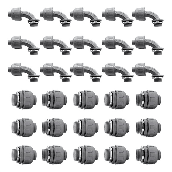 30Pcs,3/4In Liquid Tight Connector Non-Metallic Electrical Conduit Fittings, PVC Flexible Conduit (Straight+90 Degree)