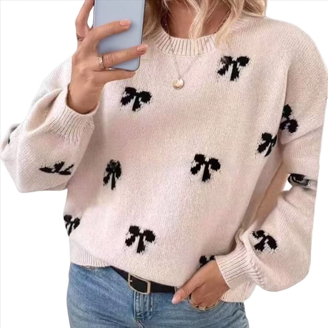 Suéter con Estampado Y2K para Mujer, Cuello Redondo, Larga, Hombros Caídos, Tejido de Punto Caqui M