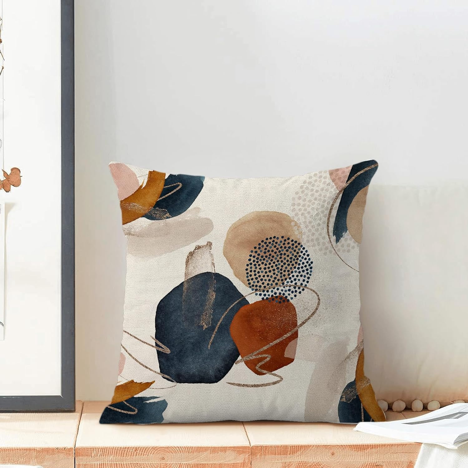 Mid Century Boho Pillow Covers 18x18 Set of 2, Abstract Navy Blue Burnt Orange Outdoor Throw Pillow Covers Geometric Minimalist Decor Cushion Case for Couch Sofa Home