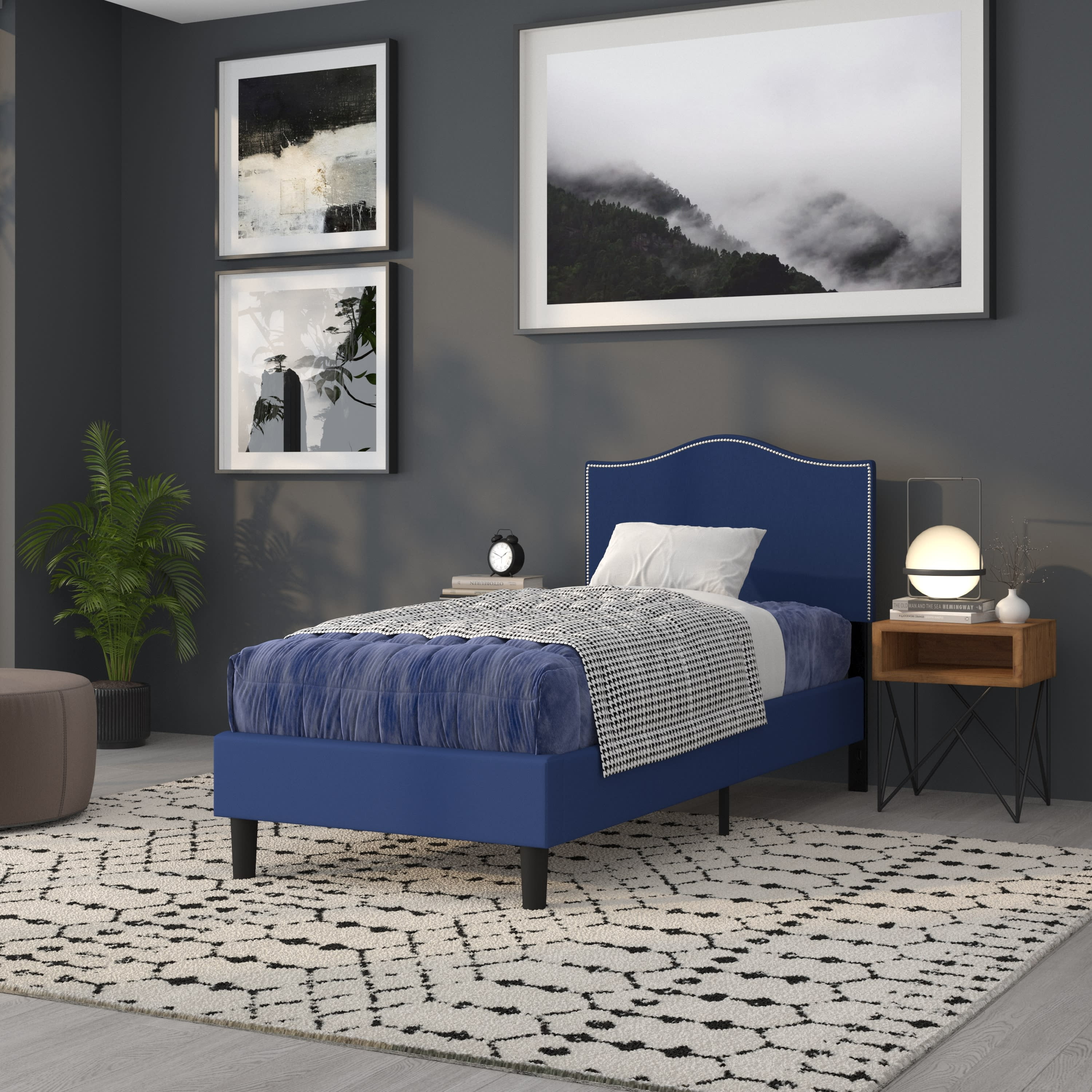 BizChair Upholstered Twin Size Arched Headboard with Accent Nail Trim in Navy Fabric