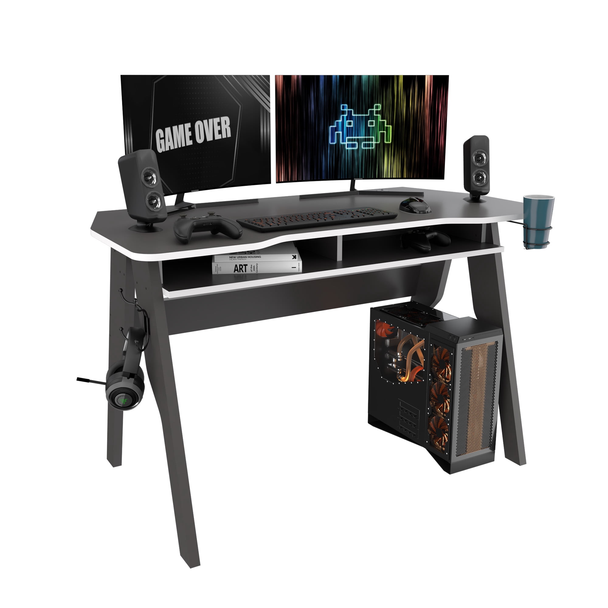 Inval Modern Gaming Desk with Cup Holder and Coat Hook Gray Plomo for Adult and Teen