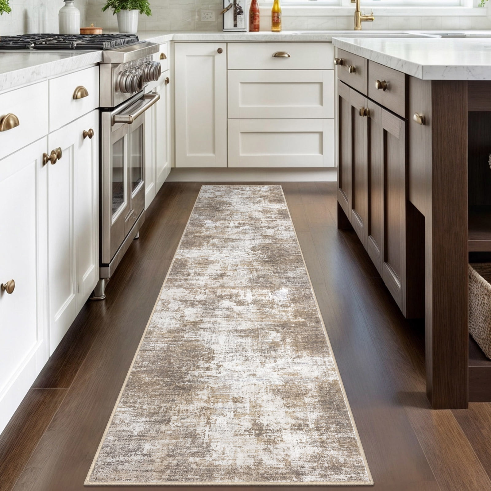 iOhouze Hallway Runner Rugs 2x8 Abstract Washable Runners Non Slip Kitchen Runner Low Pile Soft Printed Faux Wool Abstract Floor Runner for Indoor Bedroom Entryway Laundry Room, Beige Brown
