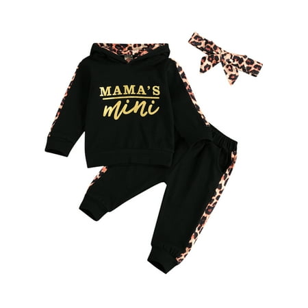 

Nokpsedcb Newborn Baby Girls Letter Hooded Top Leopard Stitching Long Pants and Headband Black 6-9 Months