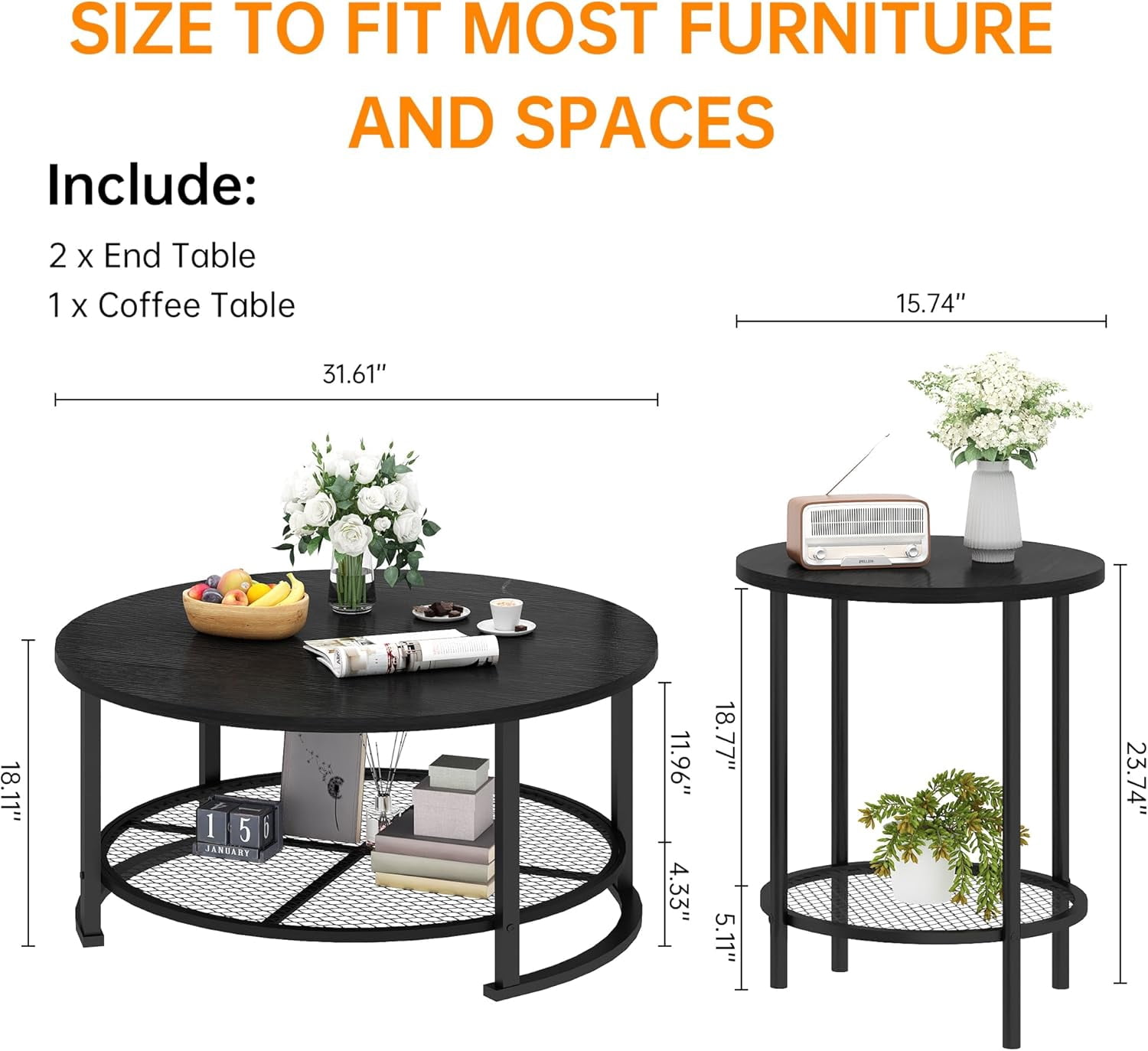 MIERES Round Coffee Table Set of 3, 2-Tier Metal Mesh Storage Shelf Living Room Set with 1 Large Center Table & 2 Small End Tables, Space-Saving Wooden Tea Table for Home Office Apartment, Black