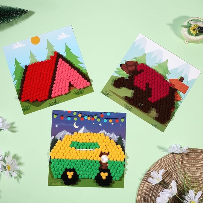 CORNER LACE Camping Theme DIY Pom Pom Art Set for Kids Age 3-6 Years Old 3 Pieces - Fun Arts and Crafts, Sensory Activity Creativity Birthday Christmas Gift Includes 3 Patterns