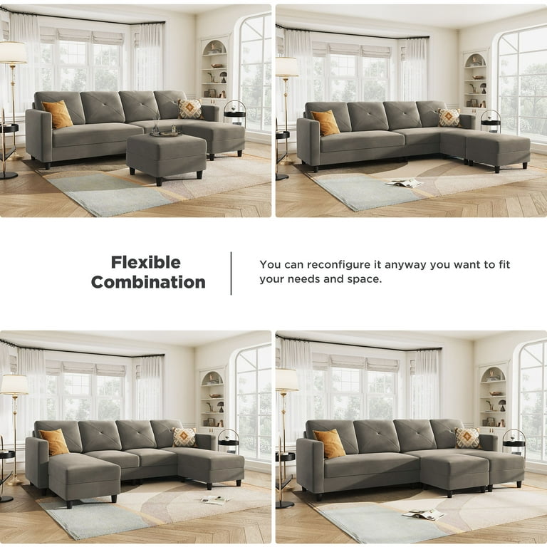 HONBAY Velvet Sectional Sofa Couch Set with Chaise and Tufted Back Cushions  for Living Room, Dull Grey 