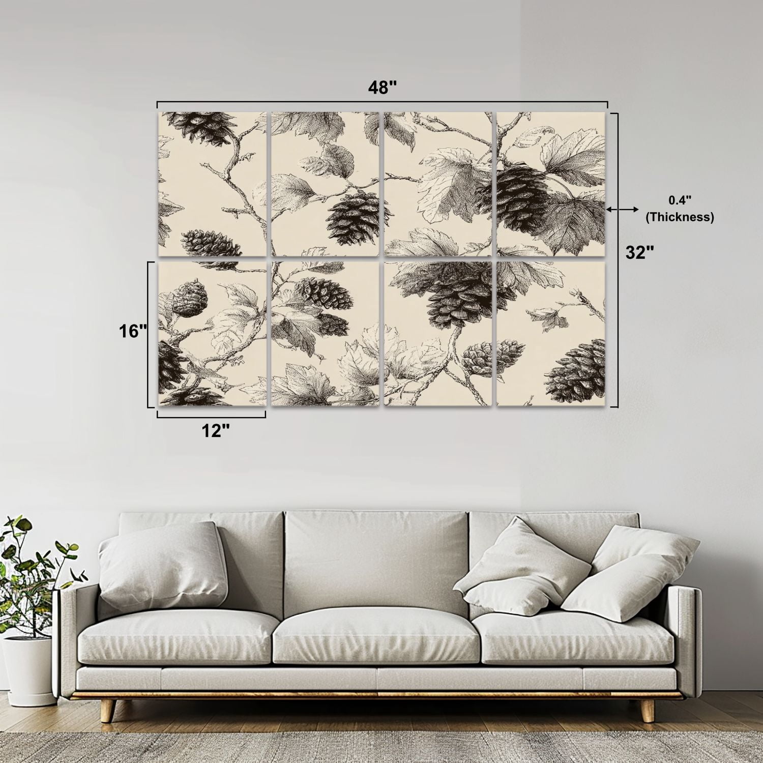 8 Pack Art Acoustic Panels Sound Absorbing Vintage Pine Cone Leaf Black Decorative Soundproof Wall Panels Self Adhesive for Nursery Game Room Bedroom 48"x32"