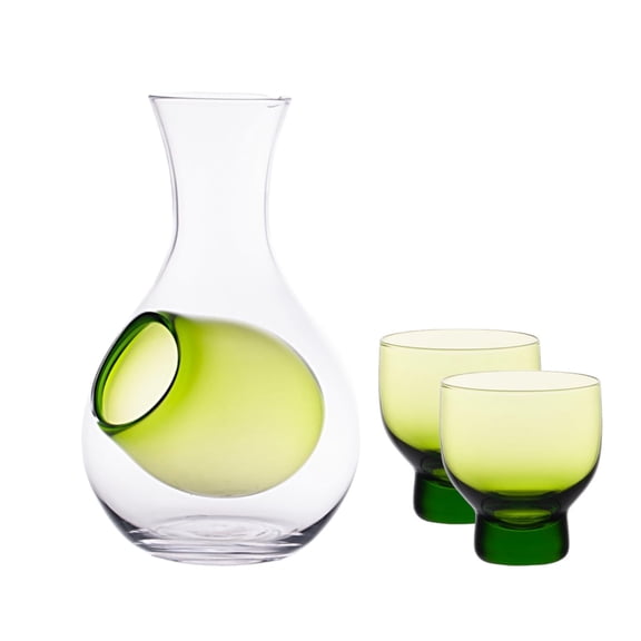 Urban Tokyo Japanese Cold Sake Wine 3 Piece Set Include Glass Decanter Sake Bottle with Ice Cavity Pocket and 2 Cups For Home or Restaurant Use (Green Pocket)