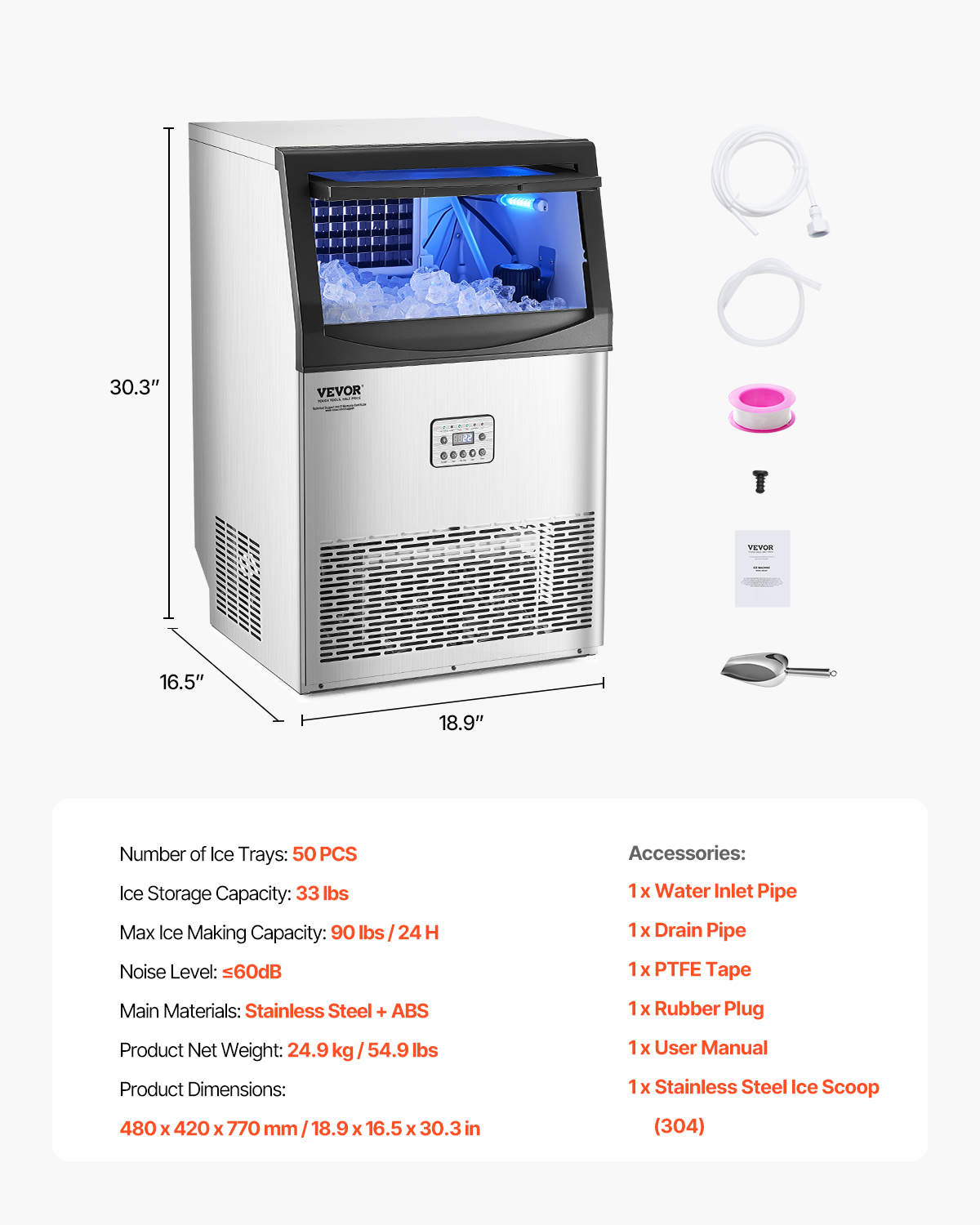 VEVOR Commercial Ice Maker Machine, 90lbs/24H Ice Maker Machine with 33lbs Storage Capacity, 50 Ice Cubes in 15 Minutes, LED Digital Display Freestanding Self-Cleaning