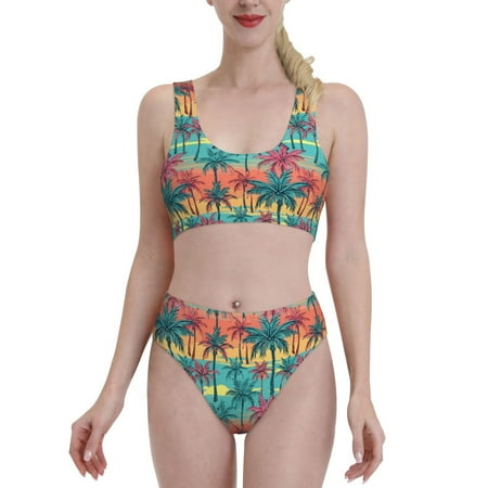 Bixox Hawaii Palms Pattern Two-Piece Sports Bikini with U-Shaped Top and High-Waist Bottom - Women s Swimwear with Removable Bra Pads