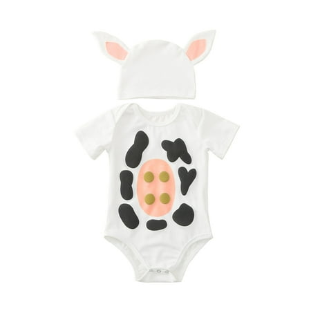 

TUOBARR Infant Baby Boys Girls Short Sleeve Cartoon Dairy Cow Romper Bodysuit+Hat Set White (3-24Months)