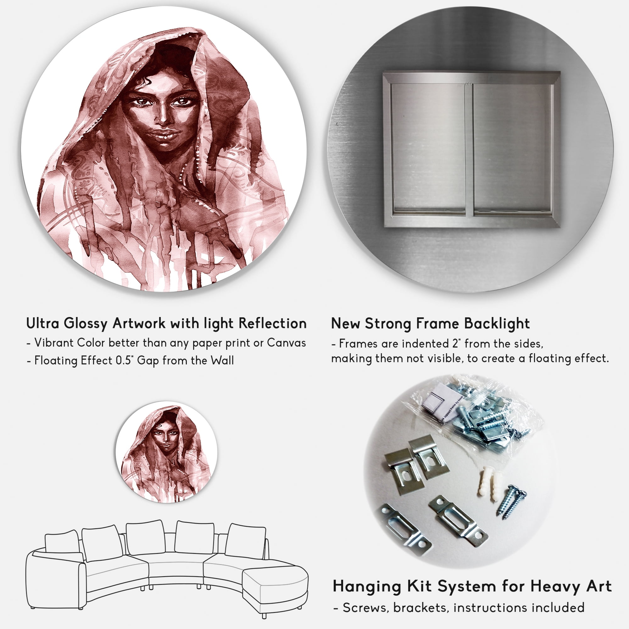 Designart 'Black and White Portrait of Young Indian Woman II' Modern Circle Metal Wall Art 29x29 - Disc of 29