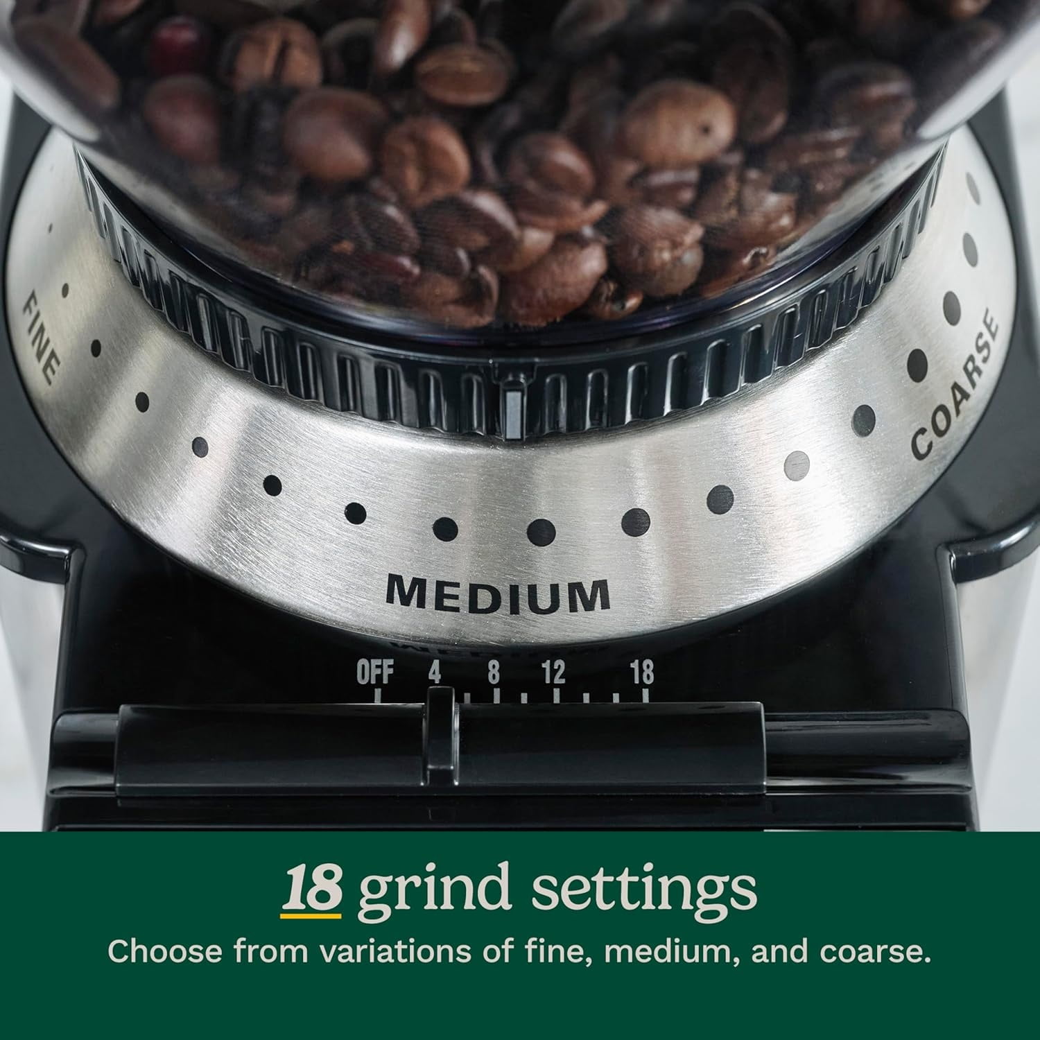 Coffee Grinder, Electric One-Touch Automatic Burr Coffee Grinder with 18-Position Grind Selector, Cup Size Selector for 4 – 18 Cups